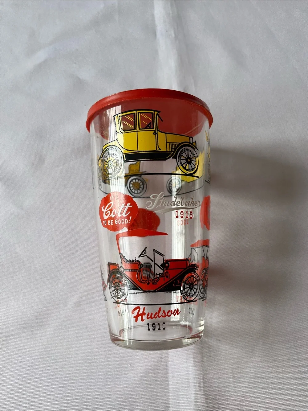 Vintage MCM Hazel Atlas Glass Antique Car Cocktail Shaker with Red Lid